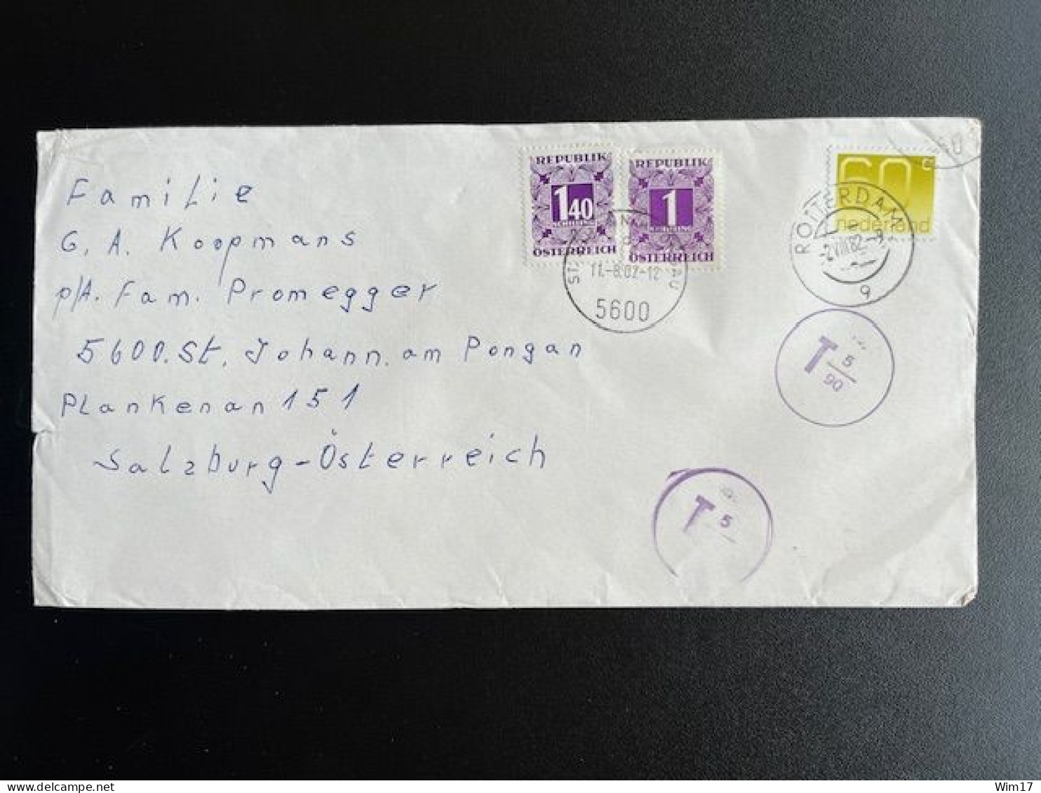 NETHERLANDS 1982 LETTER ROTTERDAM TO SANKT JOHANN IM PONGAU AUSTRIA NEDERLAND TAXE NACHGEBUHR PORT - Briefe U. Dokumente