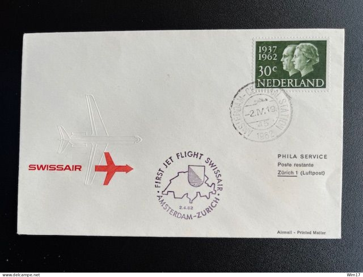 NETHERLANDS 1962 FIRST FLIGHT COVER SWISSAIR AMSTERDAM TO ZURICH 02-04-1962 NEDERLAND - Lettres & Documents