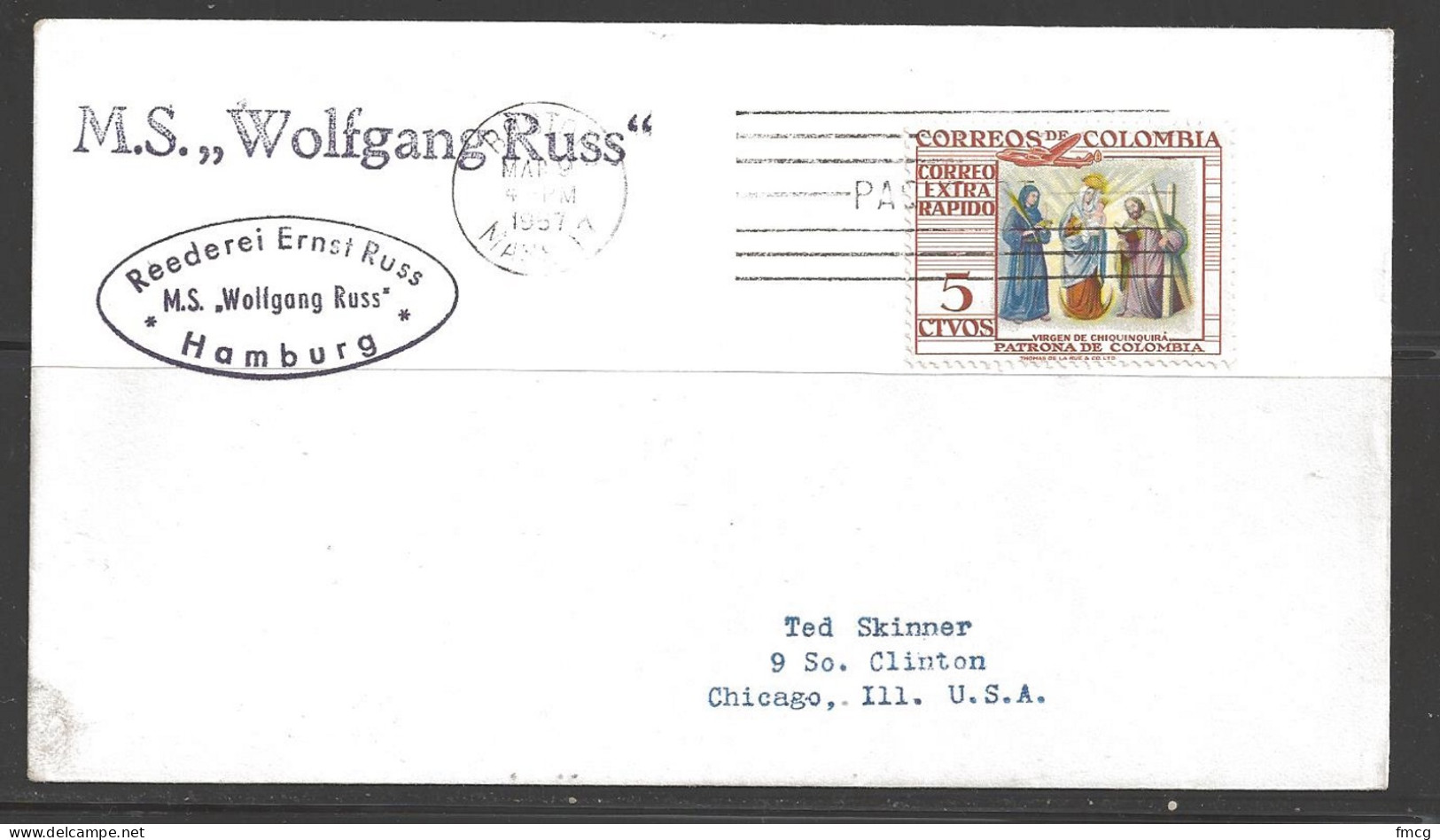 1957 Paquebot Cover Columbia Stamp Used In Boston Mass (Mar 9) - Lettres & Documents