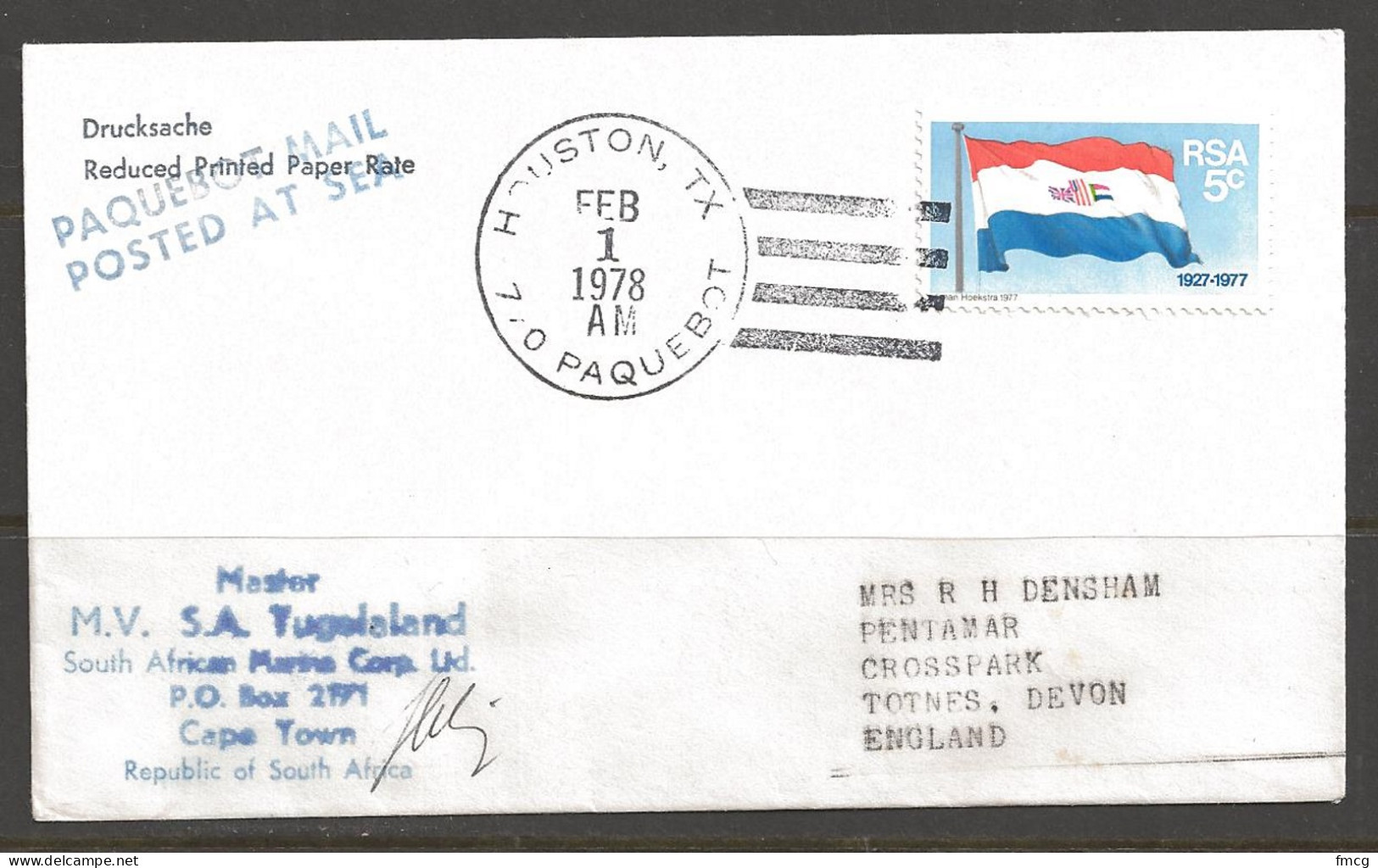 1978 Paquebot Cover South Africa Stamp Used In Houston, Texas (Feb 1) - Covers & Documents