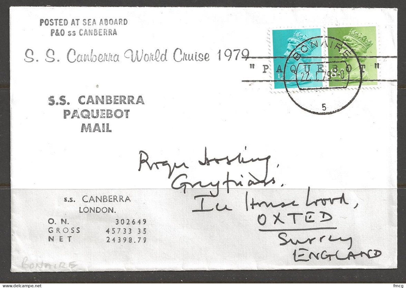 1979 Paquebot Cover, British Stamp Used In Bonaire, Neth. Antilles - Curaçao, Antille Olandesi, Aruba
