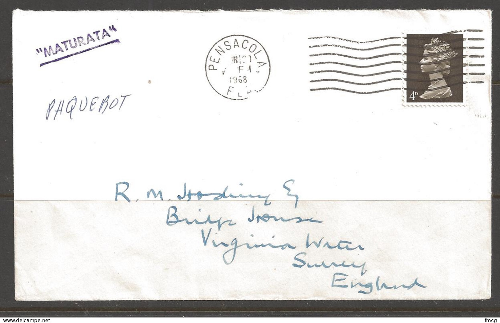 1968 Paquebot Cover, British Stamp Used In Pensacola, Florida - Lettres & Documents