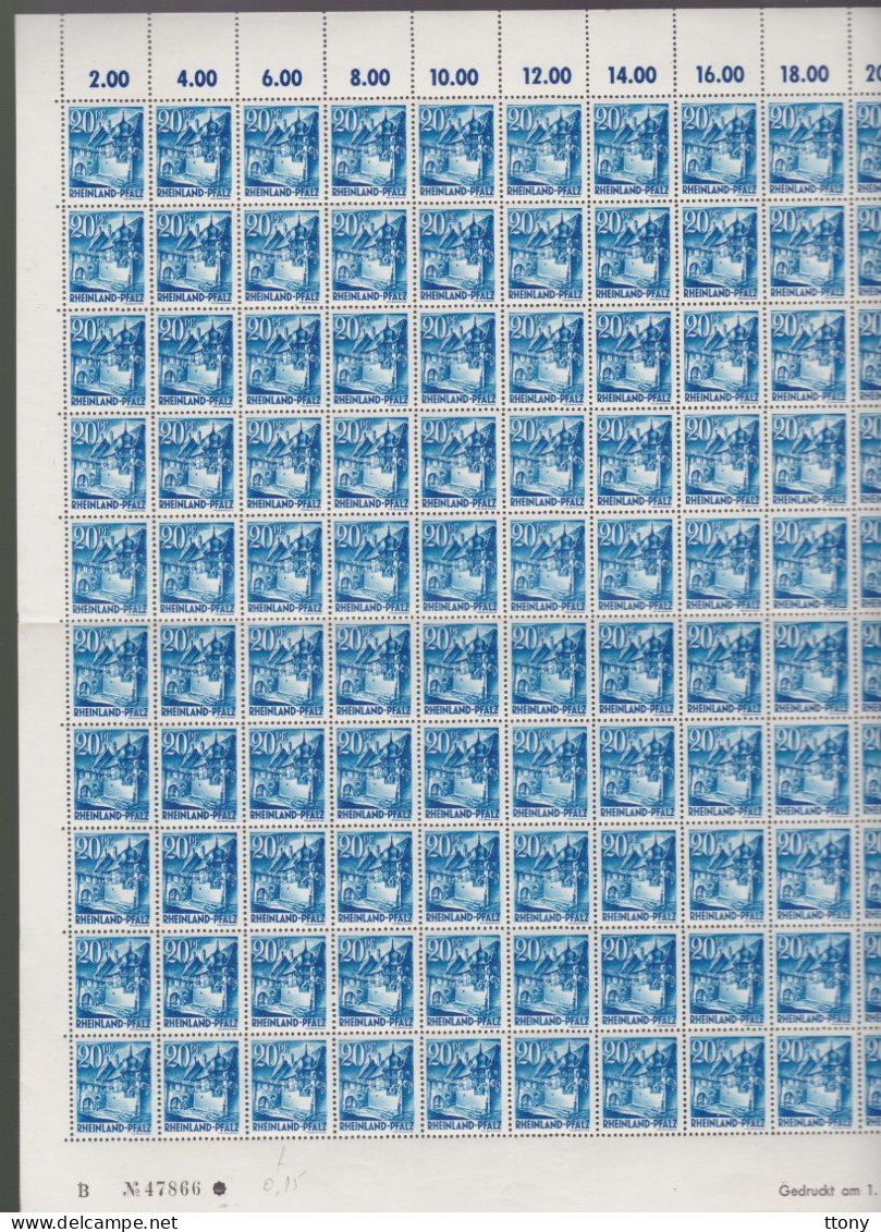 100   Timbres **  Rheinland Pfalz   20 Pf   Coin Daté  1947  Feuille Entière Zone Française    Rhénanie-Palatinat - Renania-Palatinado