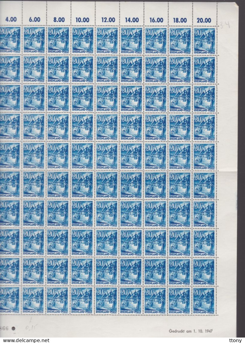 100   Timbres **  Rheinland Pfalz   20 Pf   Coin Daté  1947  Feuille Entière Zone Française    Rhénanie-Palatinat - Rheinland-Pfalz