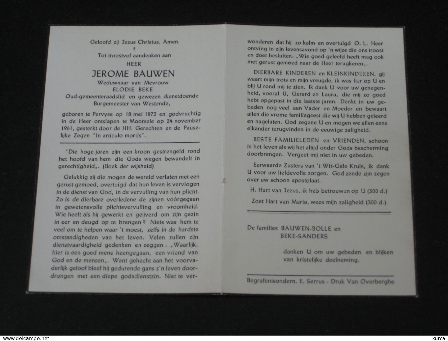 Bidprentje Burgemeester Westende BAUWEN °1873 +1961 - Devotion Images