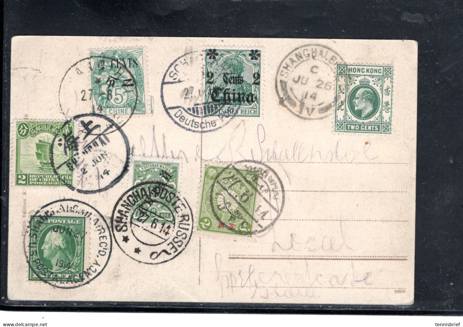 1914 , 2 C. China ,7 Different Mostly  2 C. Stamps, Clear Cancels " SCHANGHAI "on Local Card  #215 - 1912-1949 Republiek