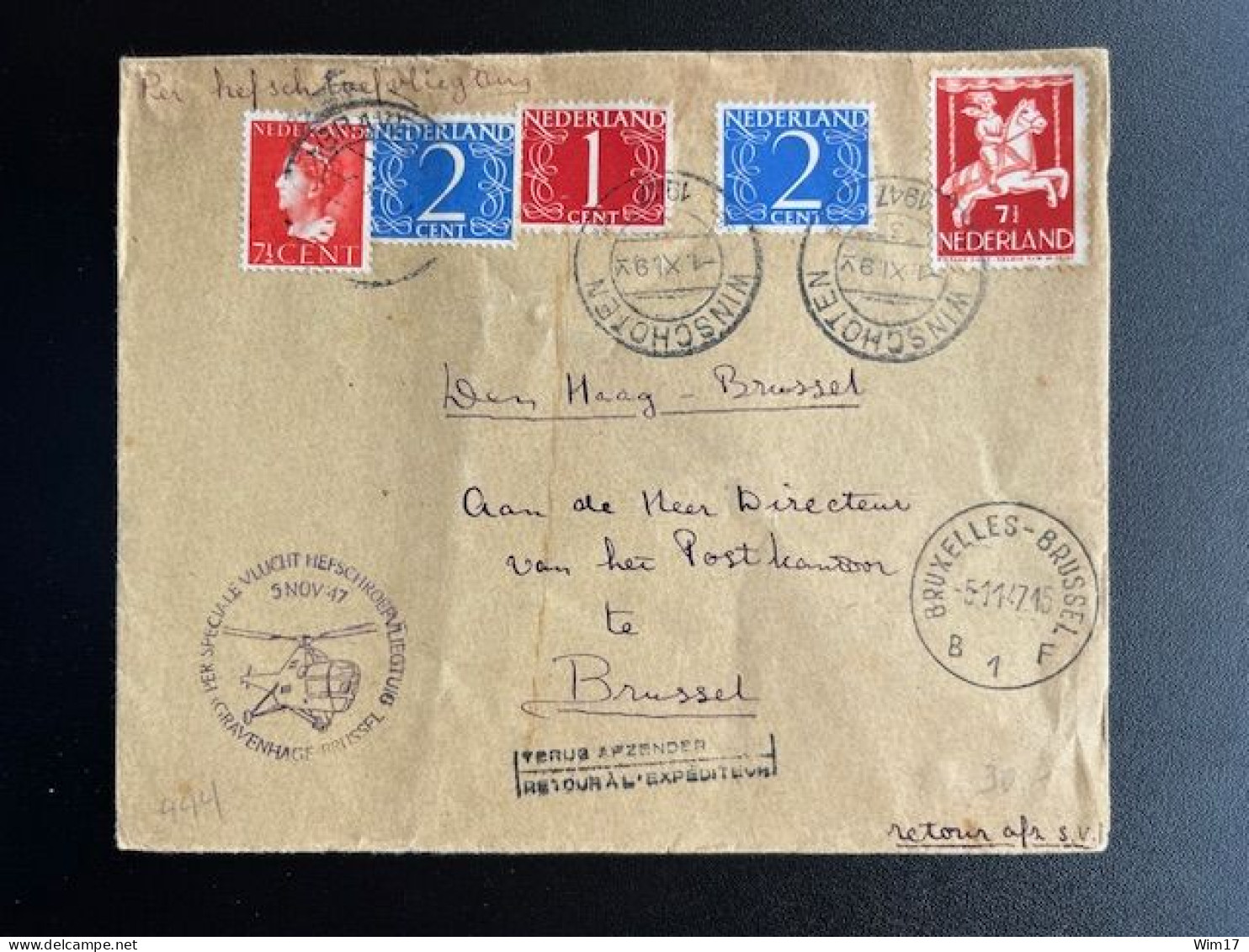 NETHERLANDS 1947 LETTER 'S GRAVENHAGE TO BRUSSELS BY HELICOPTER 04-11-1947 SEND FROM WINSCHOTEN NEDERLAND - Lettres & Documents