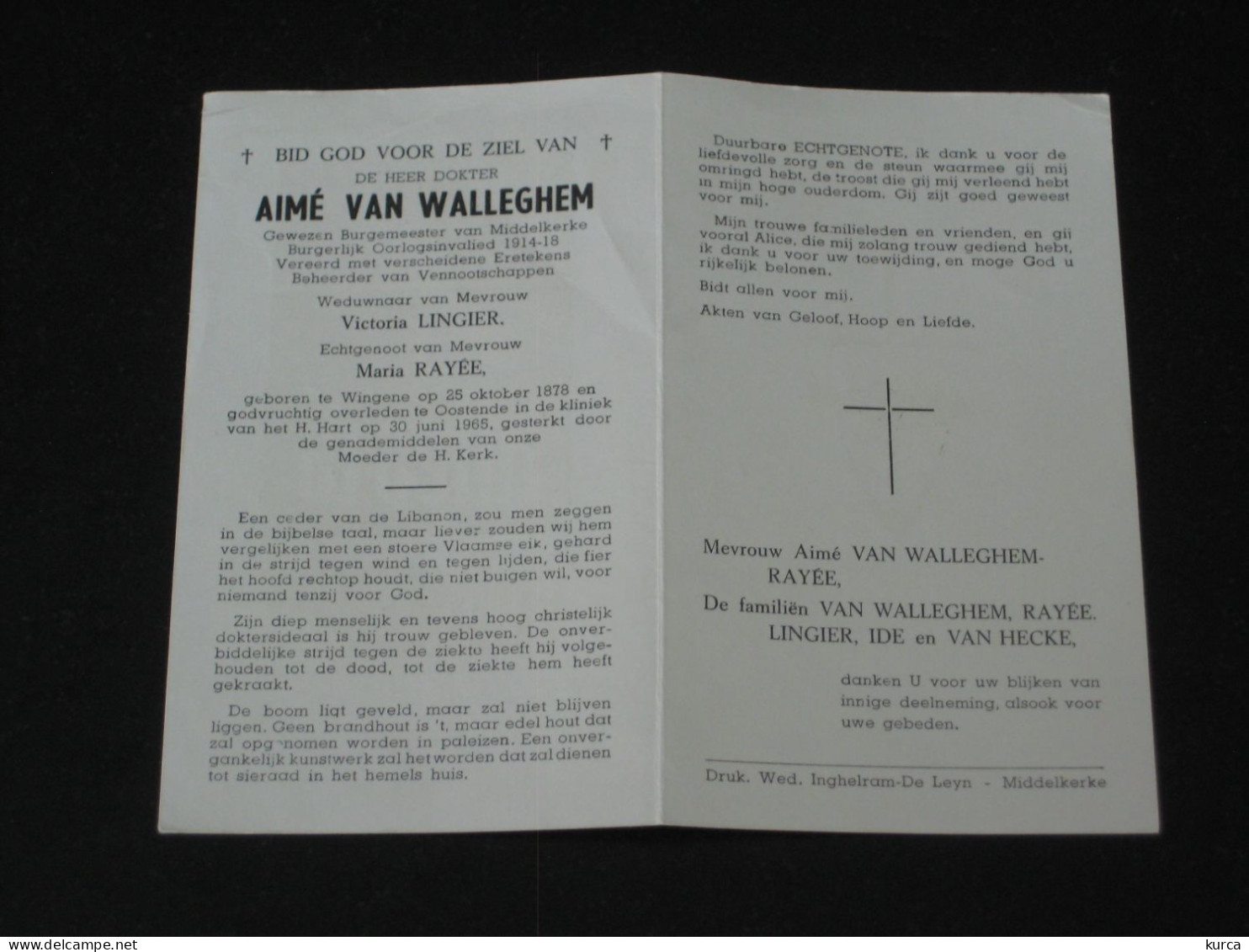 Bidprentje Dokter Burgemeester Middelkerke VAN WALLEGHEM °1878 Wingene +1965 Oostende - Devotion Images