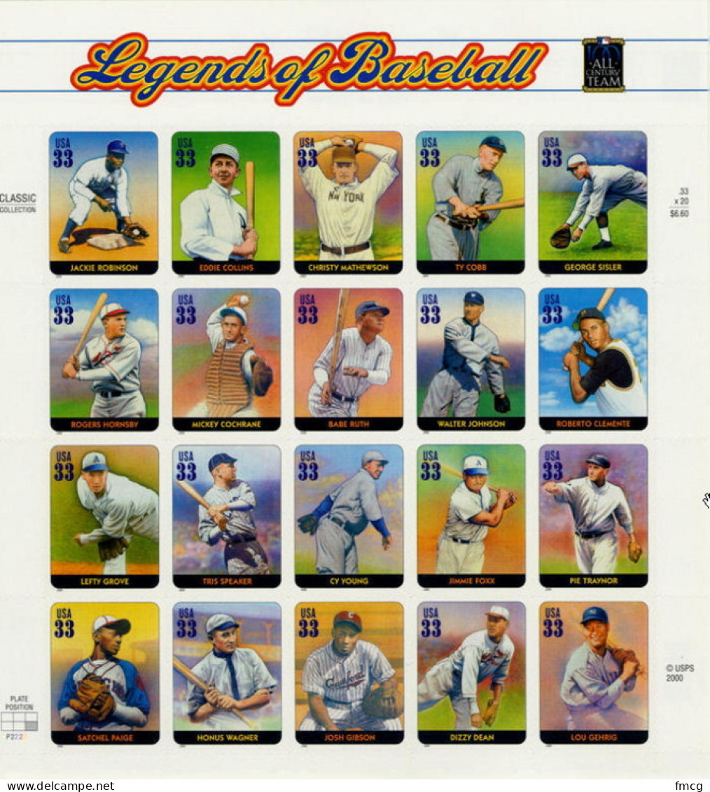 2000 Legends Of Baseball - Sheet Of 20, Mint Never Hinged - Neufs