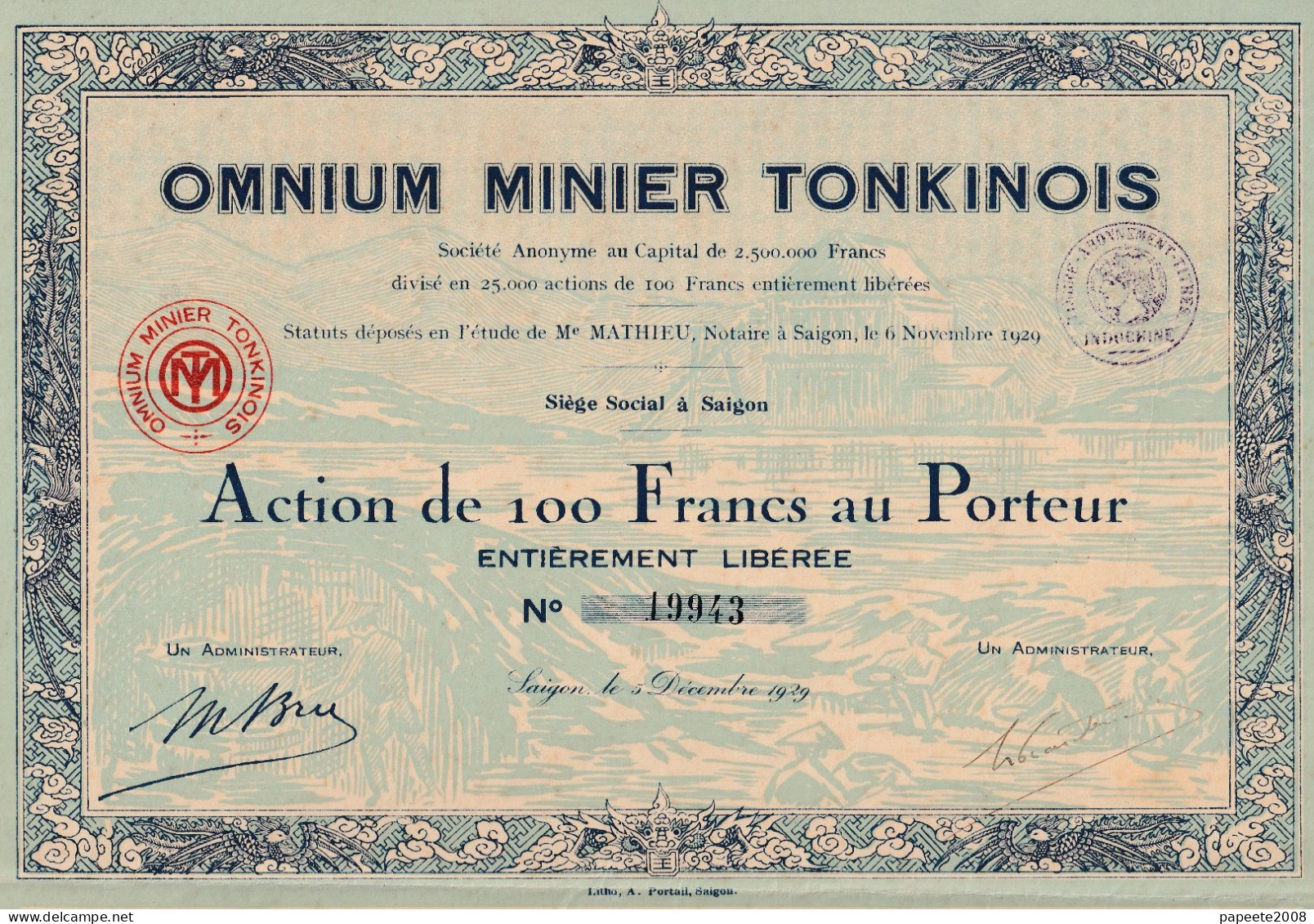 Indochine - Omnium Minier Tonkinois - A De 100 Frs / 1929 - Azië