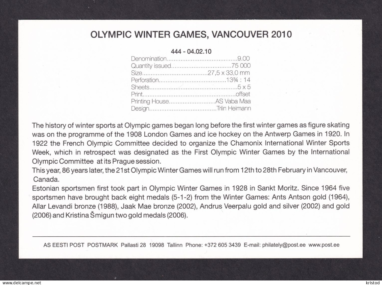 Stamps Card. Olympic Winter Games,Vancouver 2010 - Estonie