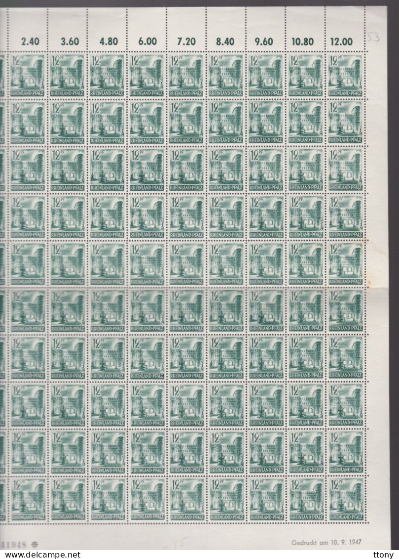 100   Timbres **  Rheinland Pfalz 12  Pf Coin Daté  1947 Feuille Entière Zone Française   Rhénanie-Palatinat Porte Nigra - Rhénanie-Palatinat