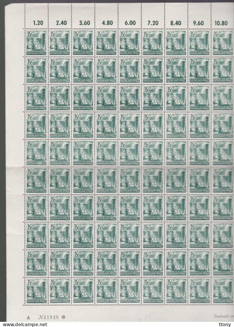 100   Timbres **  Rheinland Pfalz 12  Pf Coin Daté  1947 Feuille Entière Zone Française   Rhénanie-Palatinat Porte Nigra - Rheinland-Pfalz