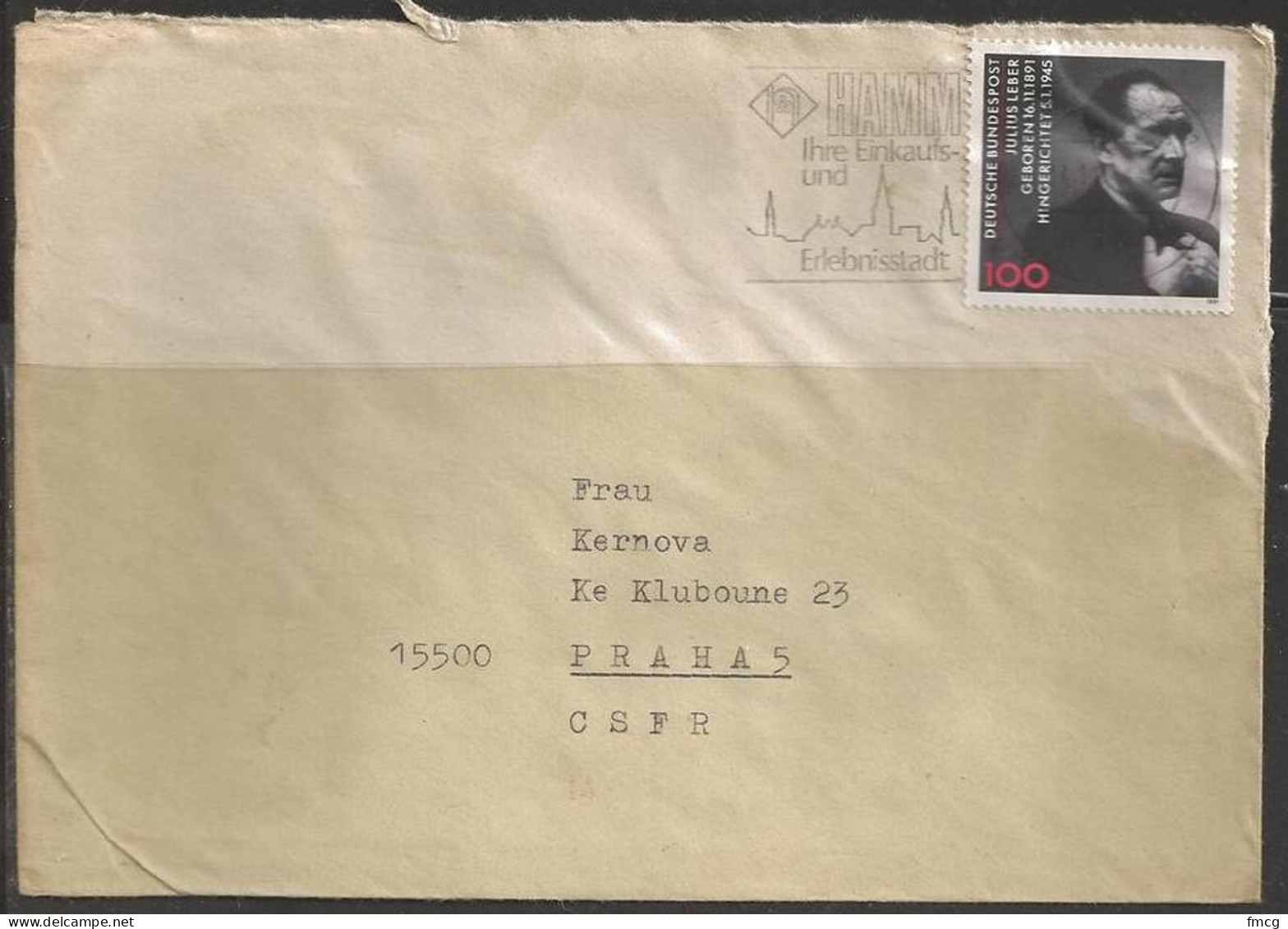 1991 100pf Leber On Hamm, Fancy Cancel, To Czechoslovakia - Briefe U. Dokumente