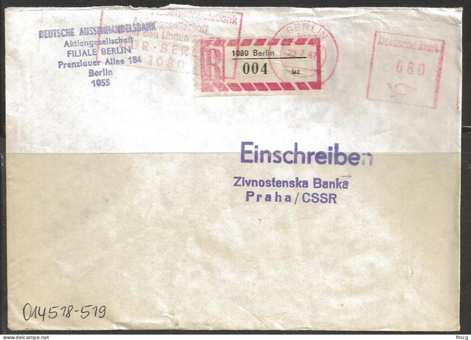 1987 Registered, Meter, Berlin Bank To Praha Czechoslovakia - Cartas & Documentos