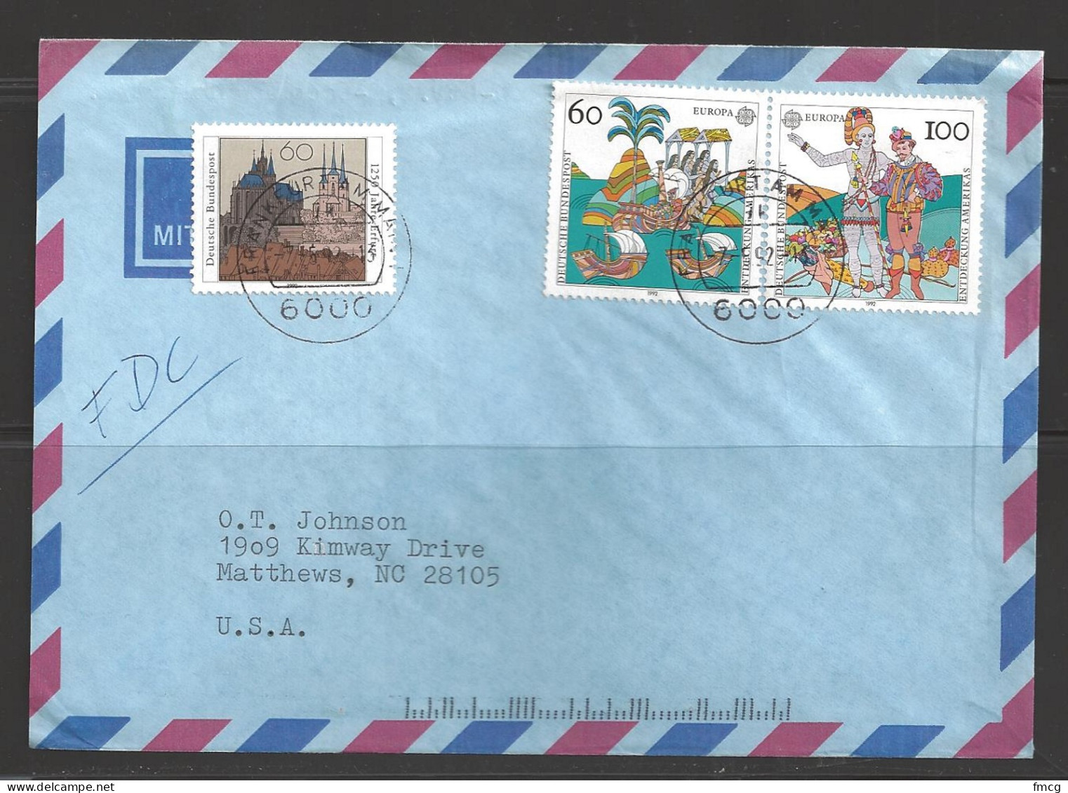 1992 Frankfurt Am Main (7-5-92) To Matthews, NC USA - Lettres & Documents