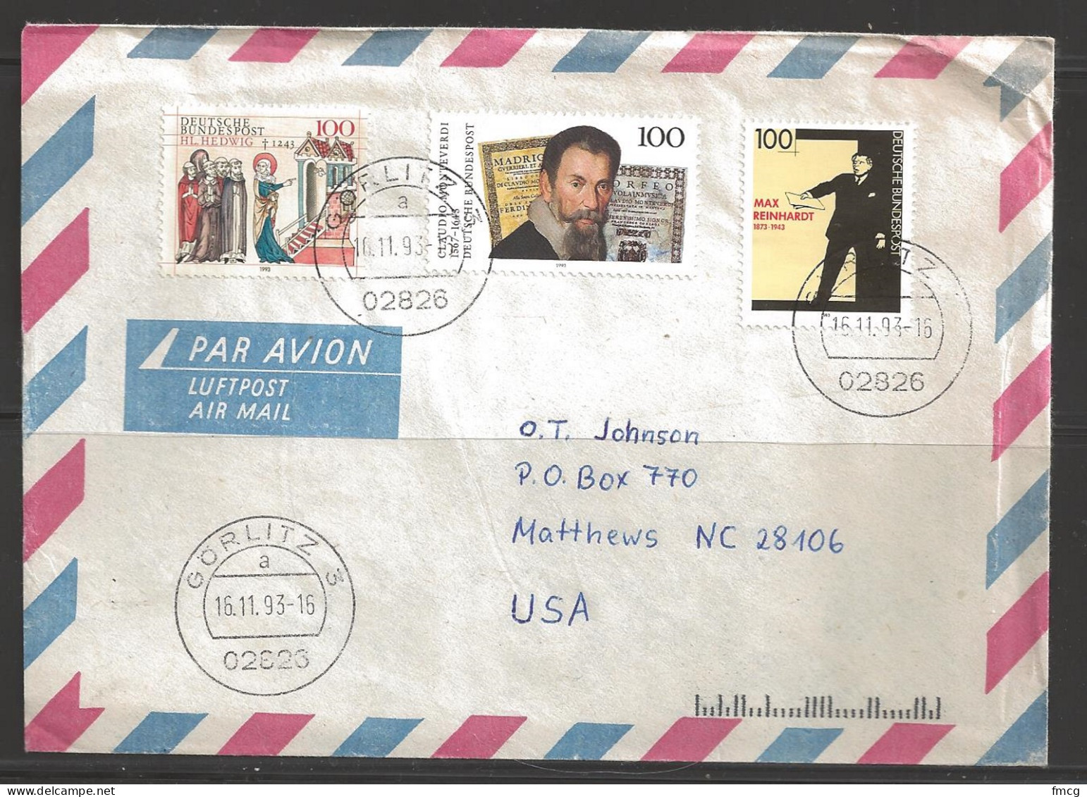 1993 Gorlitz (16.11.93) To Matthews, NC USA - Storia Postale