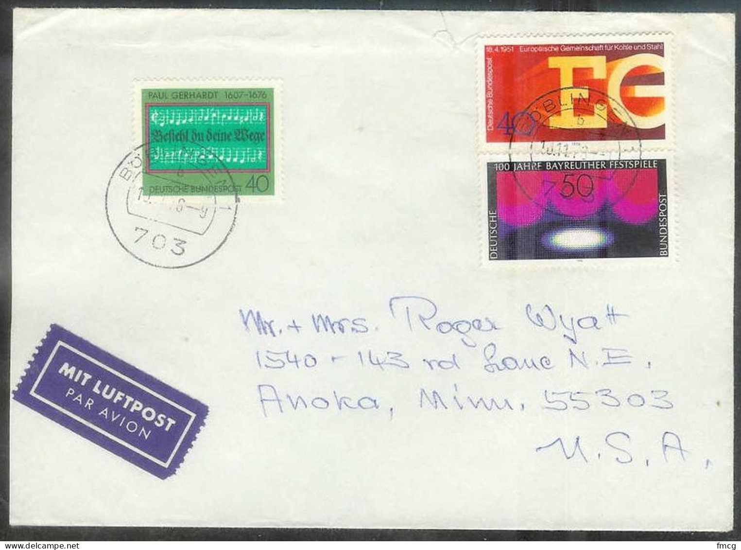 1976 Coal & Steel, Gerhardt, & Batroeuth Festival, Boblingen To USA - Storia Postale