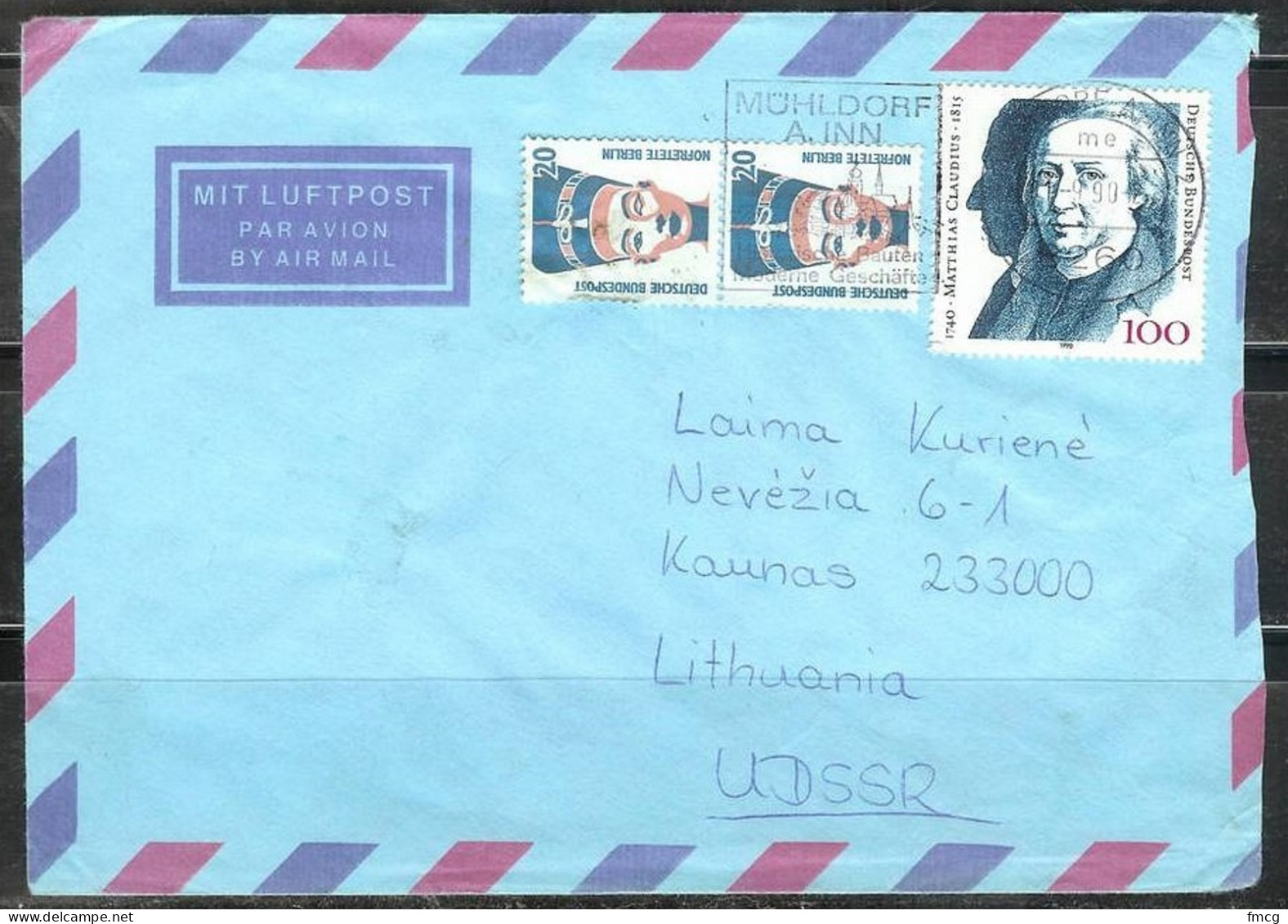 1990 - 100pf Matthias Claudius Writer To Kaunas, Lithuania - Storia Postale