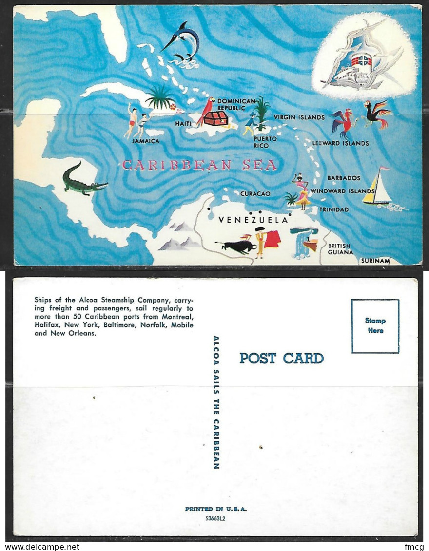 Caribbean Sea Map PC From Alco Steamship Company, Unused - Landkaarten