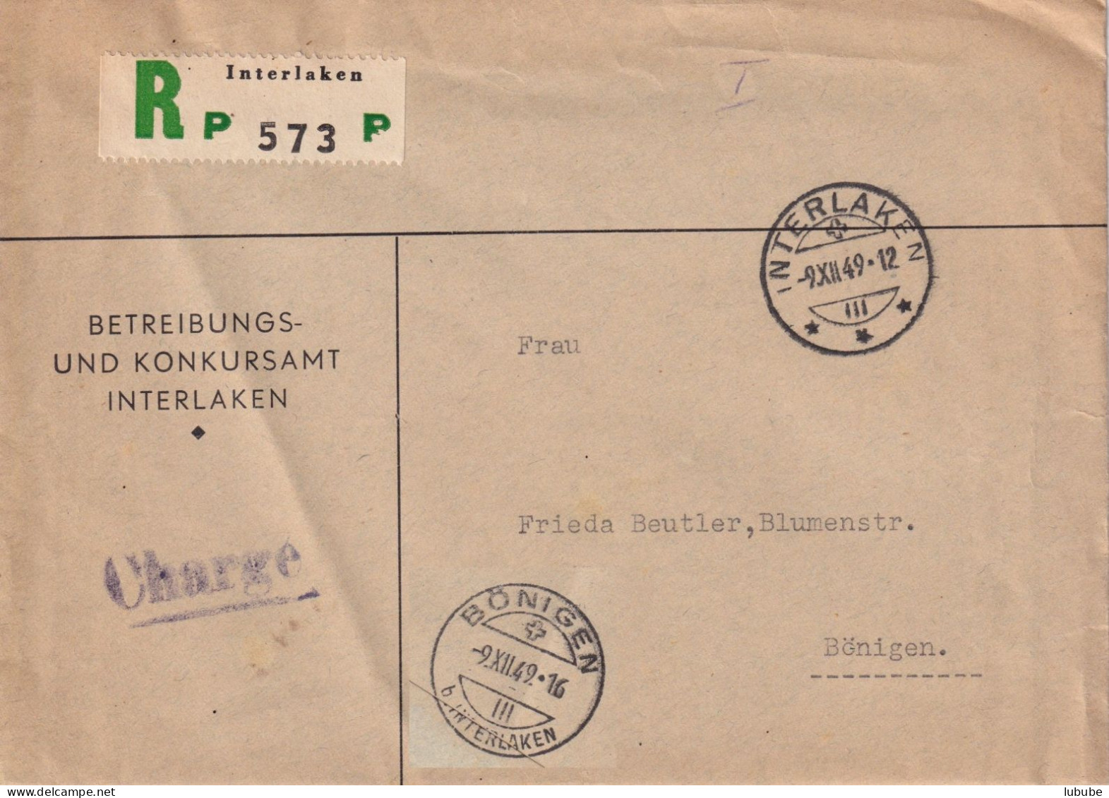 Amtlich R Brief  "Betreibungsamt Interlaken" - Bönigen       1949 - Covers & Documents