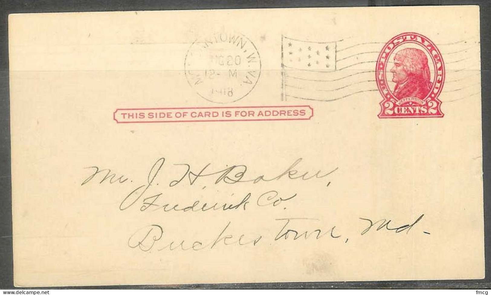 1918 USA Morgantown W.VA. (Aug 20) Flag Cancel Jefferson Postal Card - Cartas & Documentos