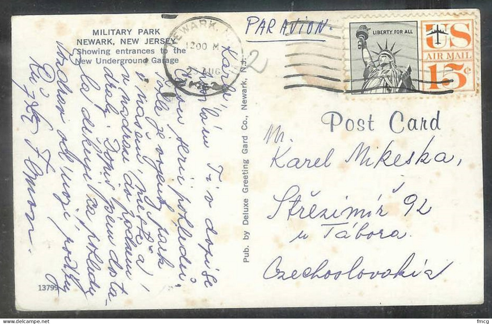 1962 15 Cents Statue Of Liberty On Postcard Newark (23 Aug) To Czechoslovakia - Lettres & Documents