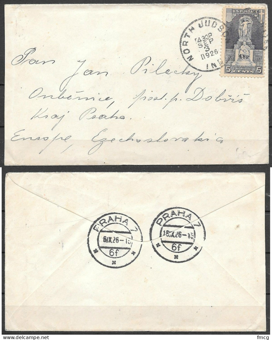 1926 North Judson IND (Sep 3) To Czechoslovakia, Ericsson Stamp - Briefe U. Dokumente