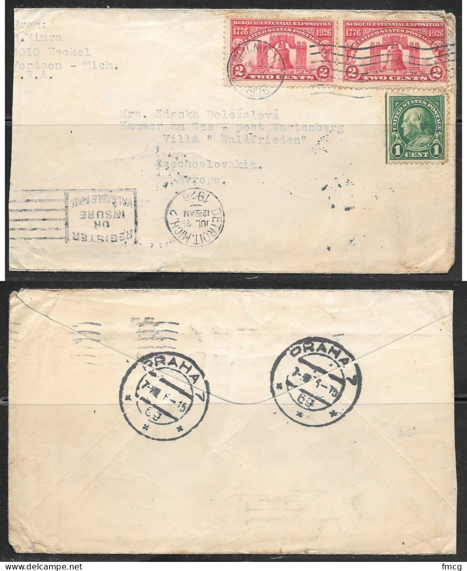 1926 Detroit Mich (Jul 23) Two Liberty Bell Stamps To Czechoslovakia - Lettres & Documents