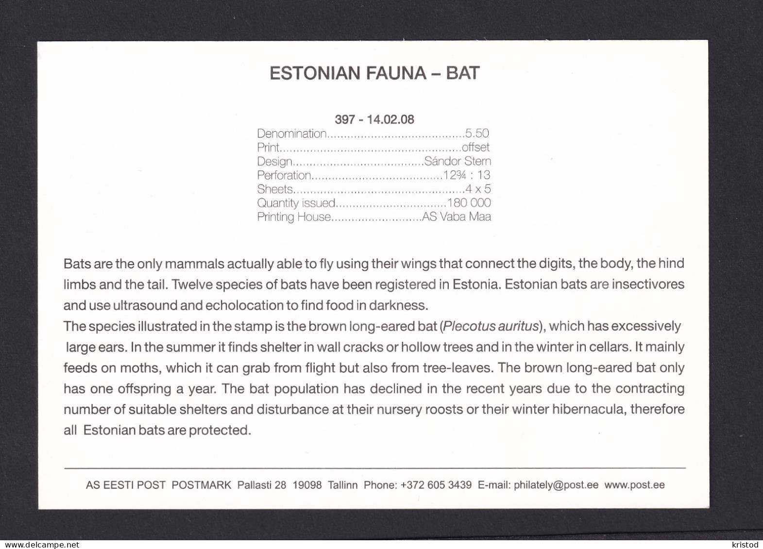 Stamps Card. Estonian Fauna- Bat - Estonia