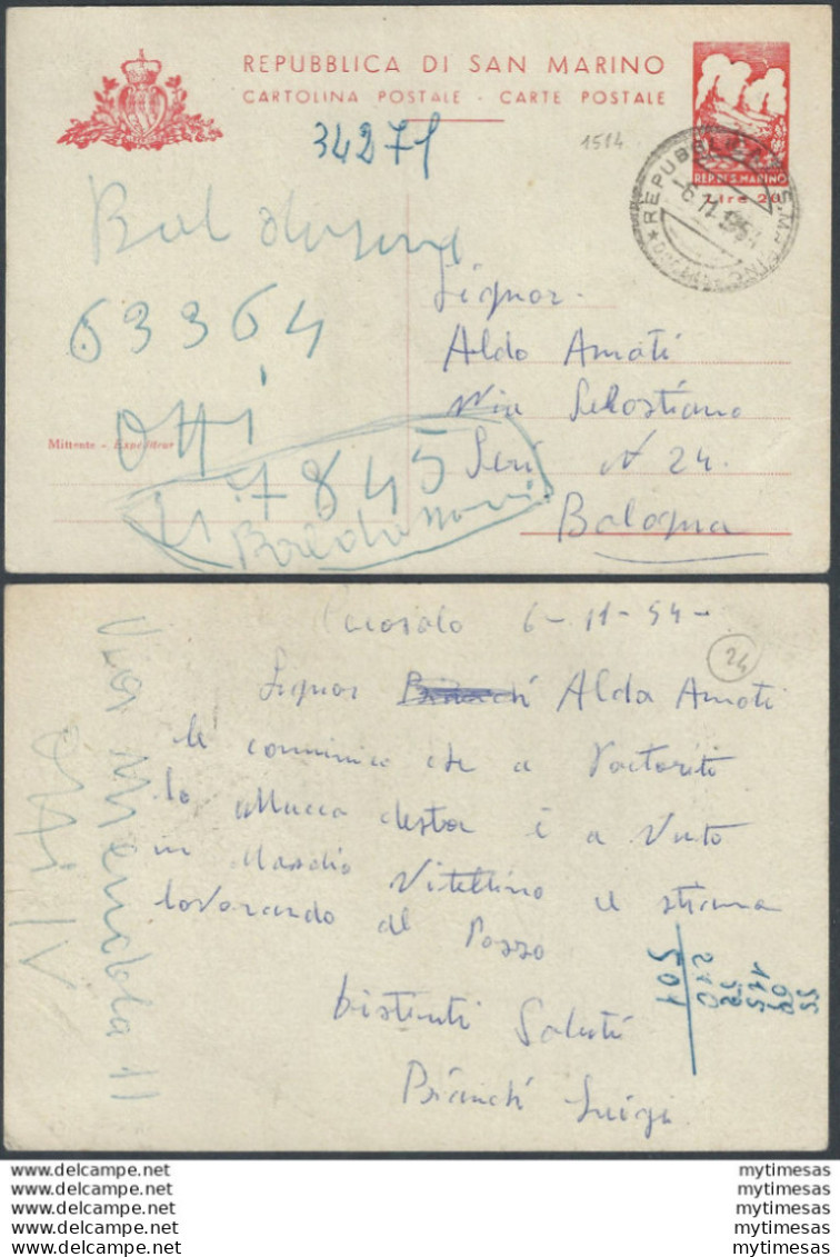 1954 San Marino Cartoline Postali L. 20 Rosso US Filagrano C27 - Altri & Non Classificati