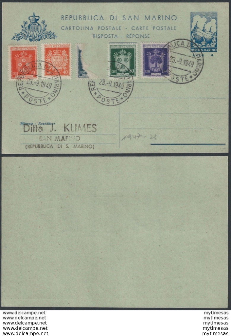 1947 San Marino Cartoline Postali Lire 4+4 Azzurro-verdino US Filagrano C24B - Sonstige & Ohne Zuordnung