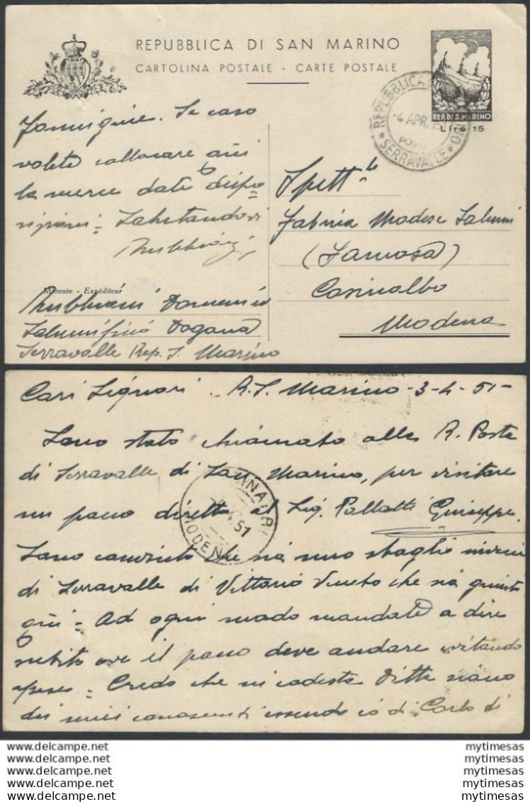 1949 San Marino Cartoline Postali Tre Penne L.15 Nero US Filagrano C25 - Autres & Non Classés