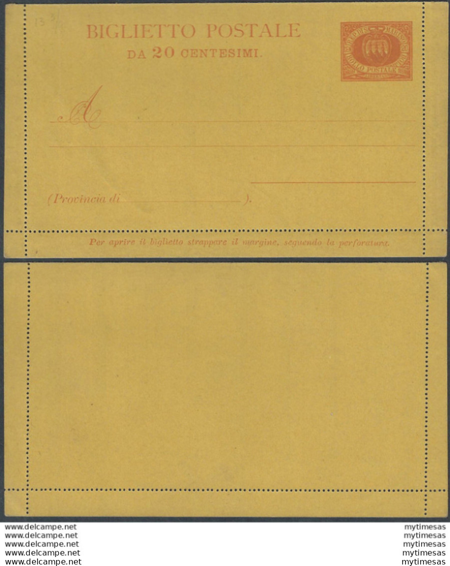 1890 San Marino Biglietti Postali Stemma 20c. Arancio MNH Filagrano B1A - Autres & Non Classés