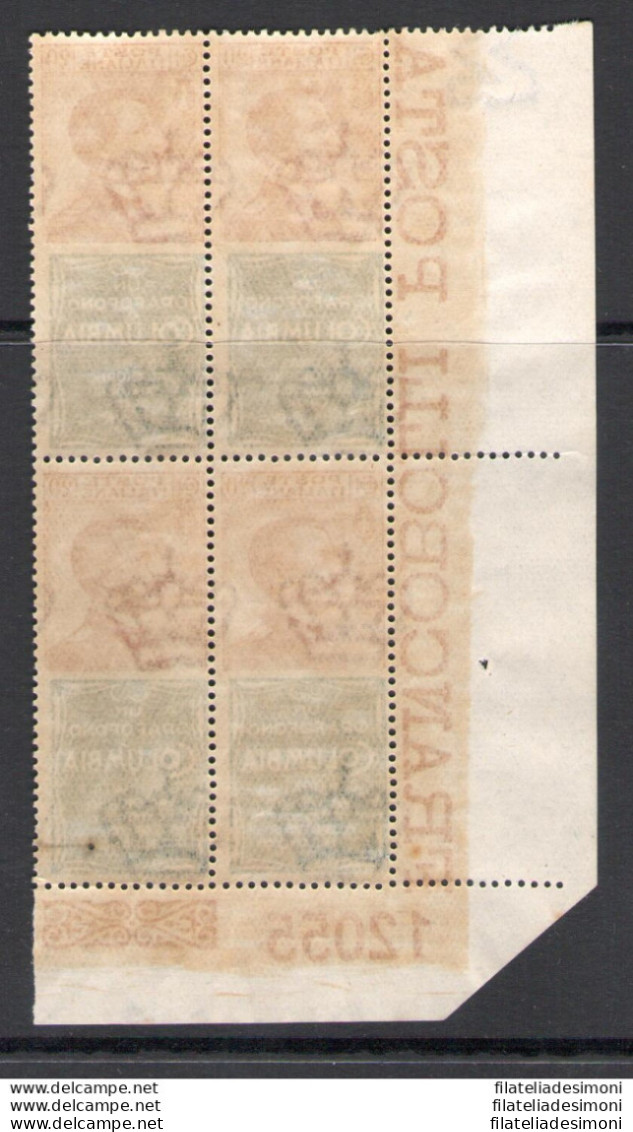 1924 Regno D'Italia, Pubblicitario N. 20, 20 Cent Columbia Arancio E Brunastro Verde, Blocco Di Quattro Con Numero Di Ta - Publicity