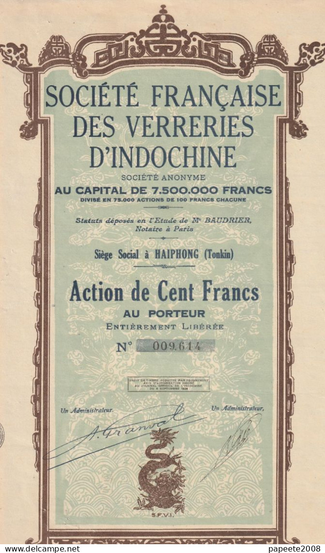 Indochine - Société Française Des Verreries D'Indochine - Action De 100 Frs / 1929 - Asie