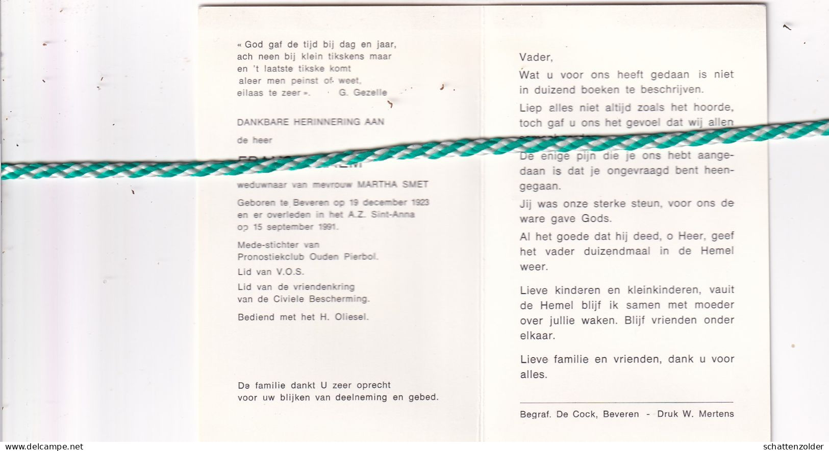 Frans Braem-Smet, Beveren 1923, 1991. Foto - Overlijden