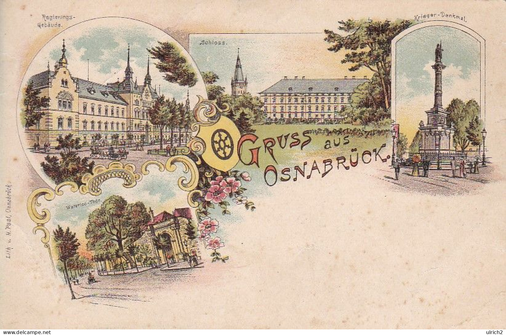 AK Gruss Aus Osnabrück - Waterloo-Thor Regierungsgebäude Schloss Krieger-Denkmal- Litho - Ca. 1900 (69408) - Osnabrueck