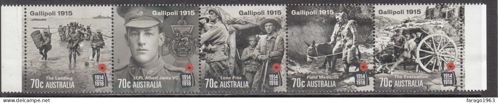 2015 Australia WWI Gallipoli Military History Complete Strip Of 5 (folded Once) MNH @ BELOW FACE VALUE - Ungebraucht