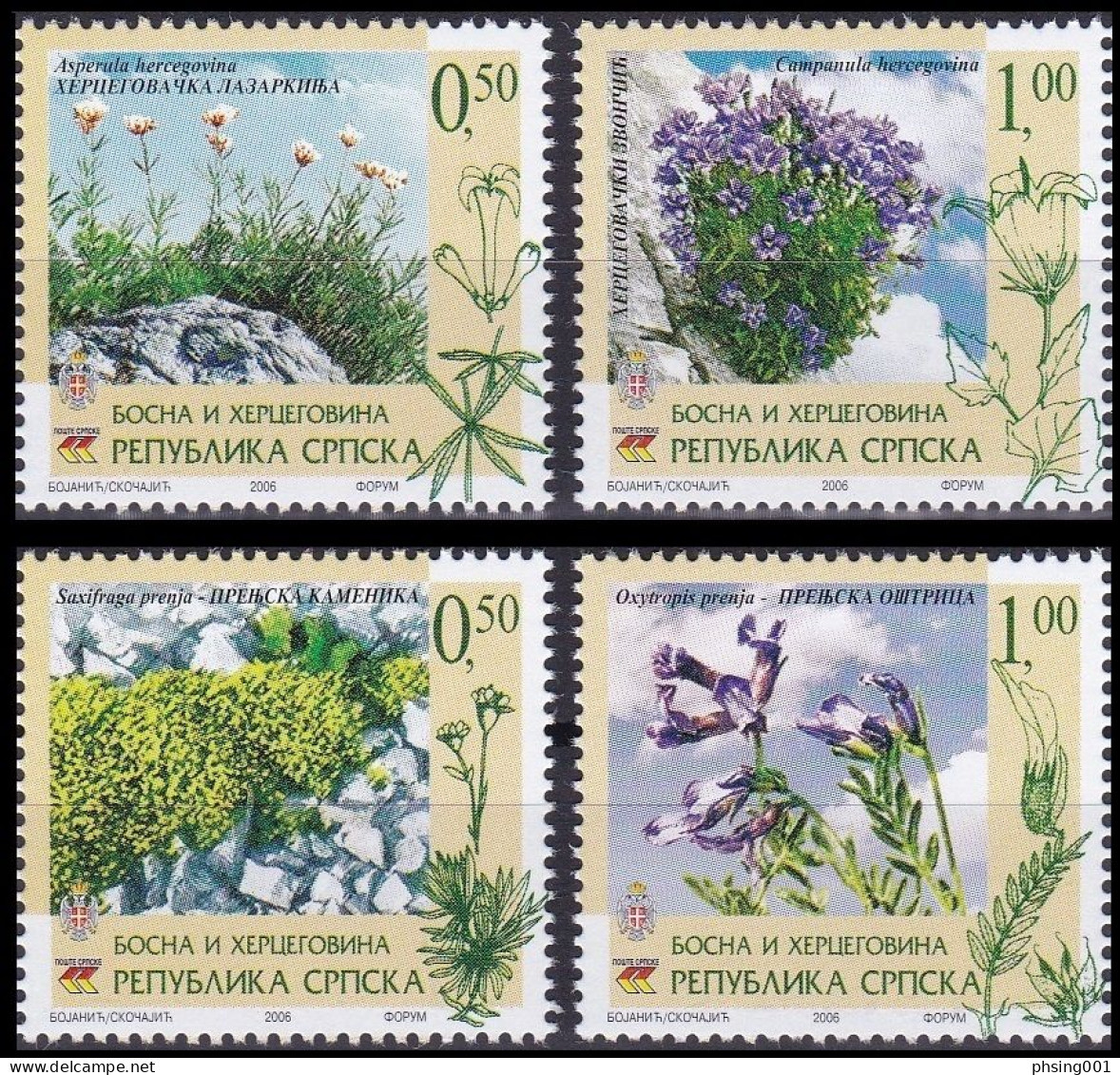 Bosnia Serbia 2006 Flora Flowers Plants Saxifrada Prenja Aspenula Hercegovina Oxytropis Prenja Campanula Prenja, Set MNH - Bosnien-Herzegowina