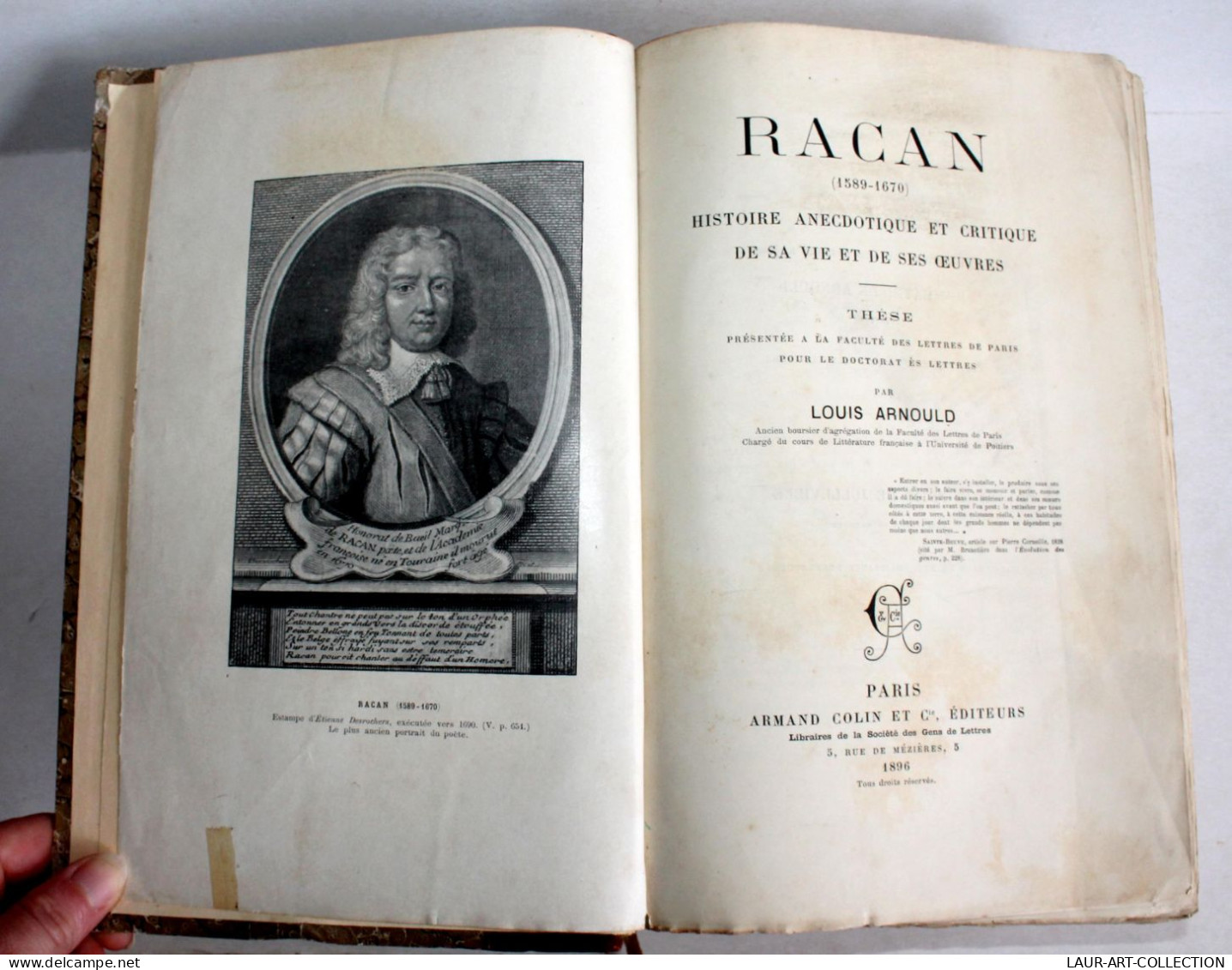 RARE! RACAN HISTOIRE ANECDOTIQUE, CRITIQUE DE SA VIE SES OEUVRES DE ARNOULD 1896 / ANCIEN LIVRE XIXe (1803.246) - Geschichte