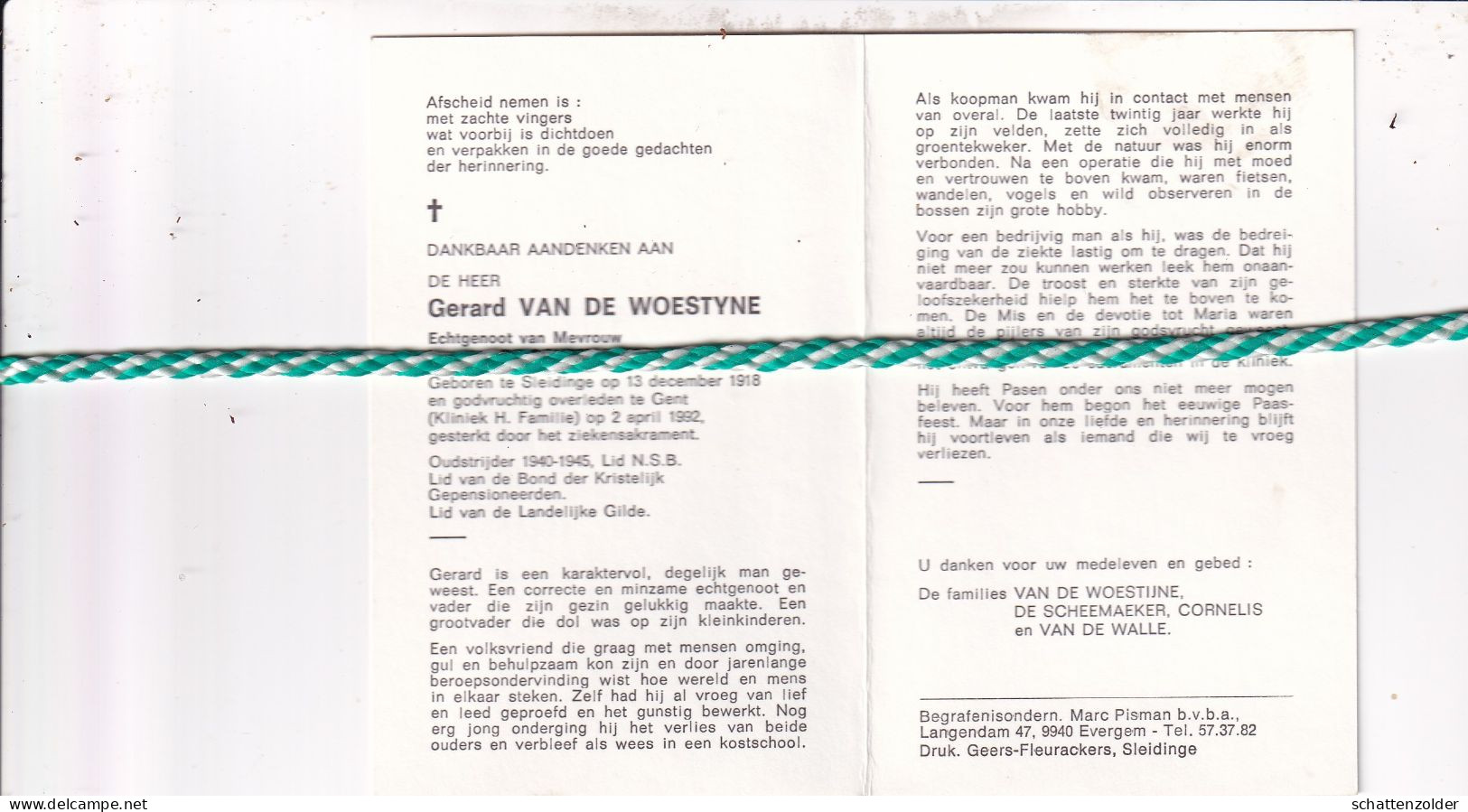 Gerard Van De Woestyne-De Scheemaeker, Sleidinge 1918, Gent 1992. Oud-strijder 40-45; Foto - Obituary Notices