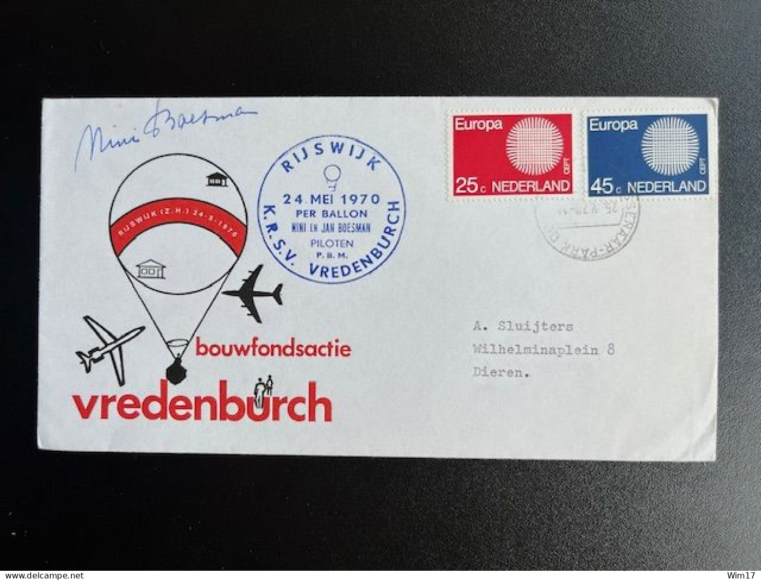 NETHERLANDS 1970 COVER BALLOONFLIGHT RIJSWIJK 24-05-1970 NEDERLAND BALLONPOST NINI & JAN BOESMAN - Storia Postale