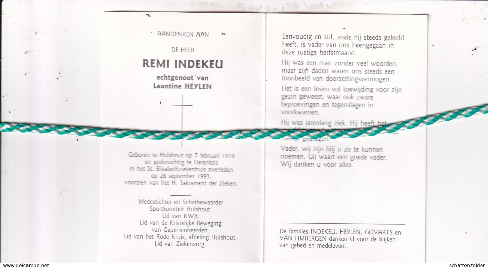 Remi Indekeu-Heylen, Hulshout 1919, Herentals 1993. Foto - Overlijden