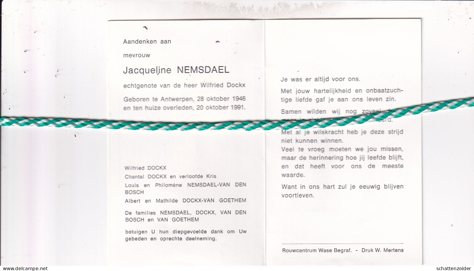 Jacqueline Nemsdael-Dockx, Antwerpen 1946, 1991. - Décès