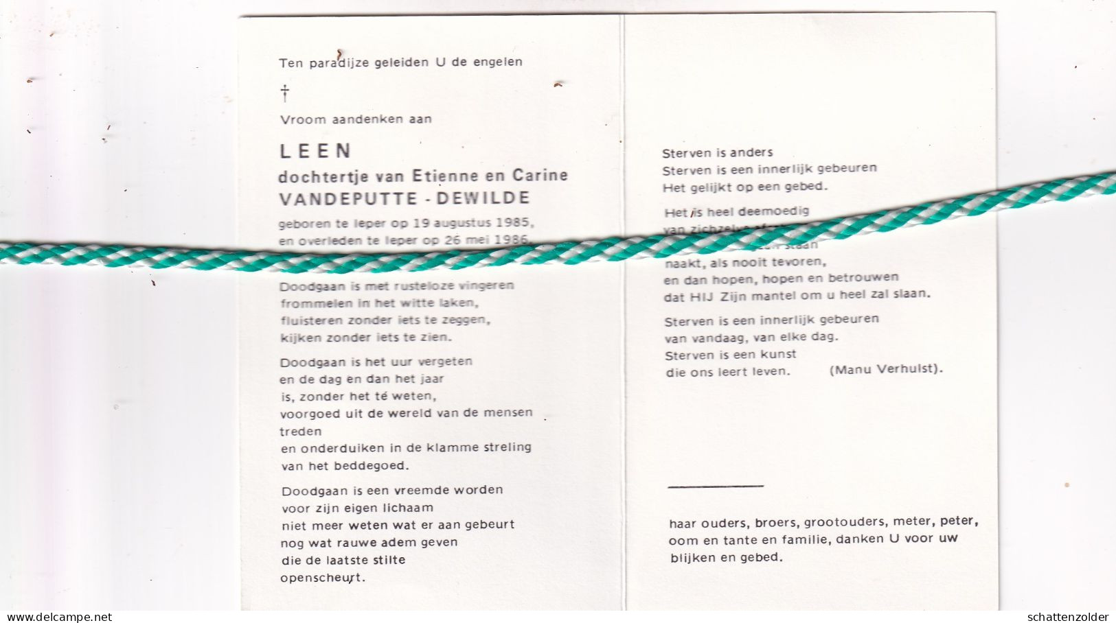 Leen Vandeputte-Dewilde, Ieper 1985, 1986 - Décès