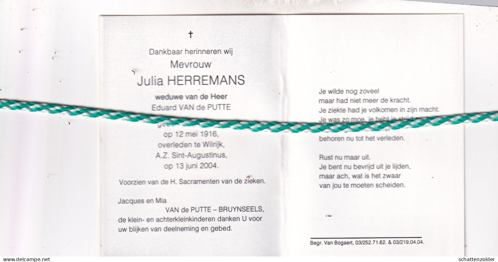 Julia Herremans-Van De Putte, Beveren 1916, Wilrijk 2004. Foto - Overlijden