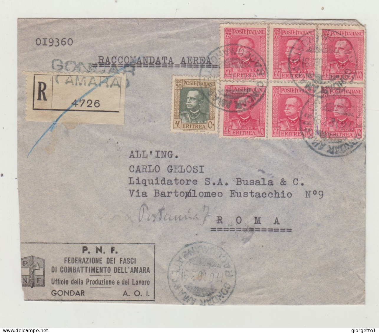 BUSTA SENZA LETTERA - TARIFFA RACCOMANDATA - PNF FEDERAZ. FASCI COMBATTIMENTO DELL'AMARA - GONDAR A.O.I DEL 1939 WW2 - Poststempel (Flugzeuge)