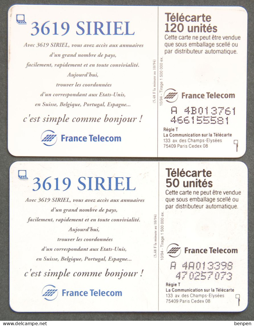 Télécartes SIRIEL 3619 Annuaire International Minitel 1994 Simple Comme Bonjour 50U 120U Régie T France Télécom - Unclassified