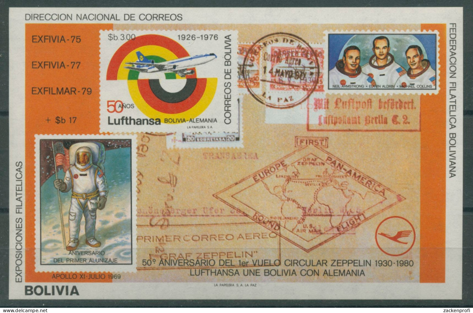 Bolivien 1980 Zeppelin, Mondlandung Block 105 Postfrisch (C22859) - Bolivie